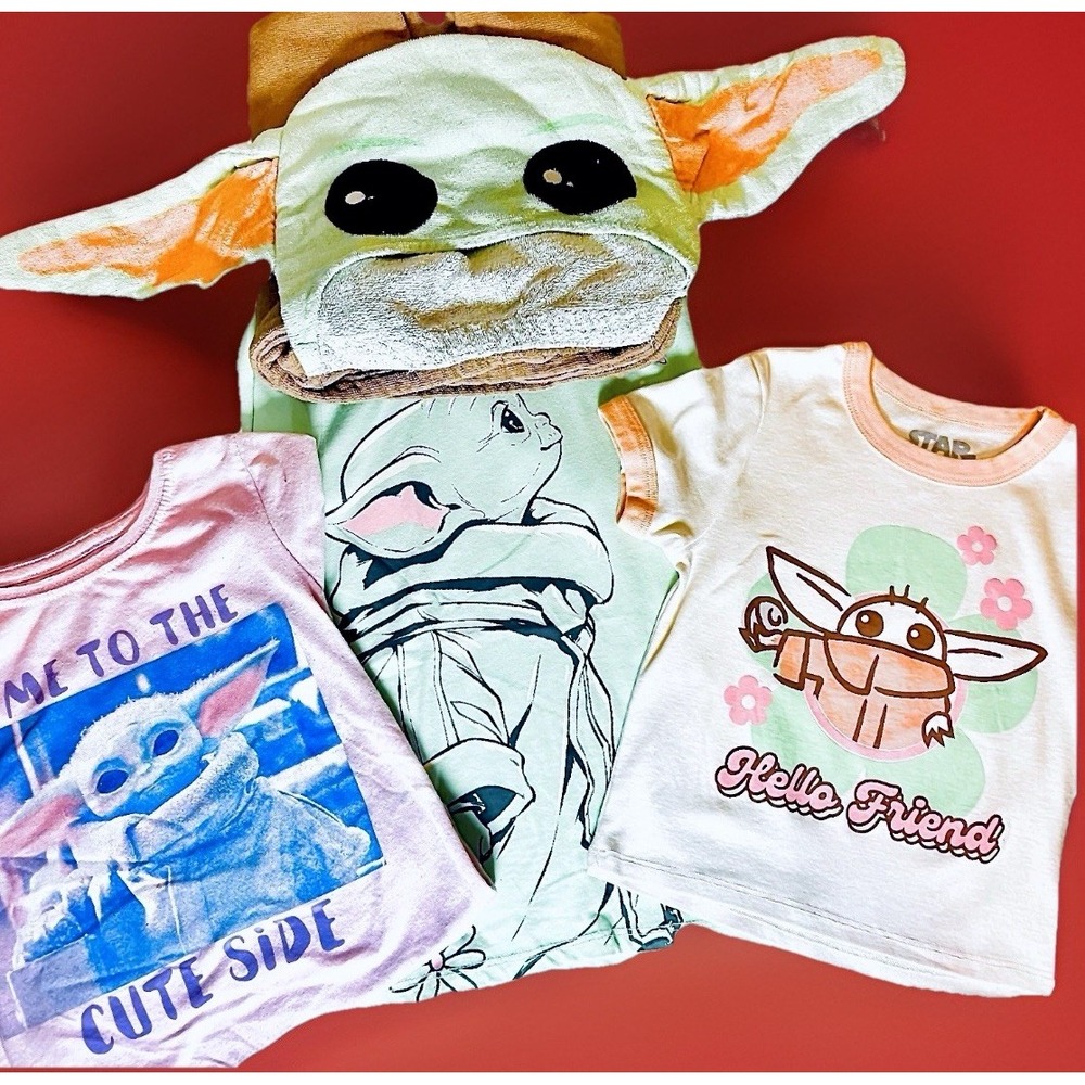 Star Wars Baby Yoda Grogu Girls Bundle 7/8 3 Shirts + Hooded Towel Set Disney